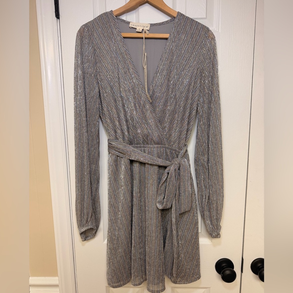 Lovestitch Metallic Stripe Wrap Dress Small Silver Gold Long Sleeve NWT Party